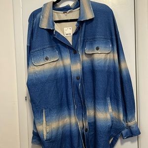 Free People Shacket Printed Ruby Jacket in Deep Sea Combo Sz L NWT Blue & White
